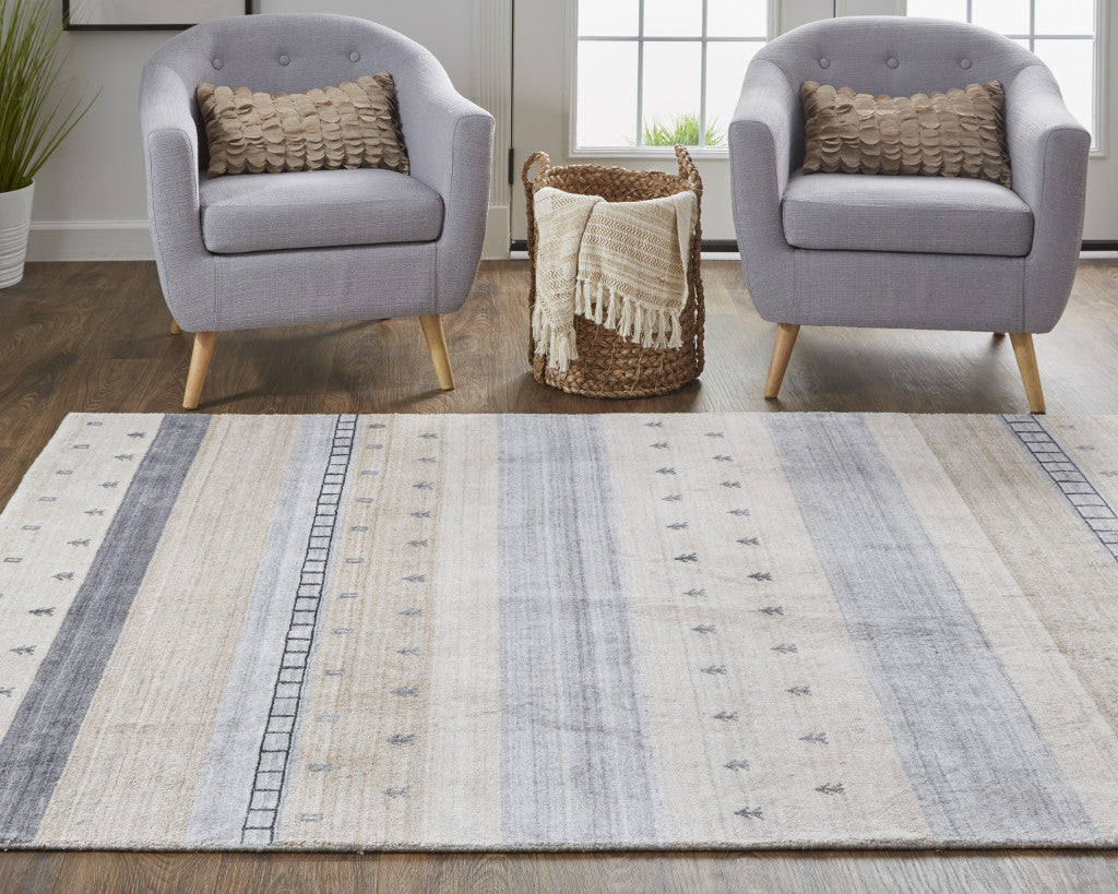 2' X 3' Ivory Tan And Gray Wool Striped Hand Knotted Stain Resistant Area Rug