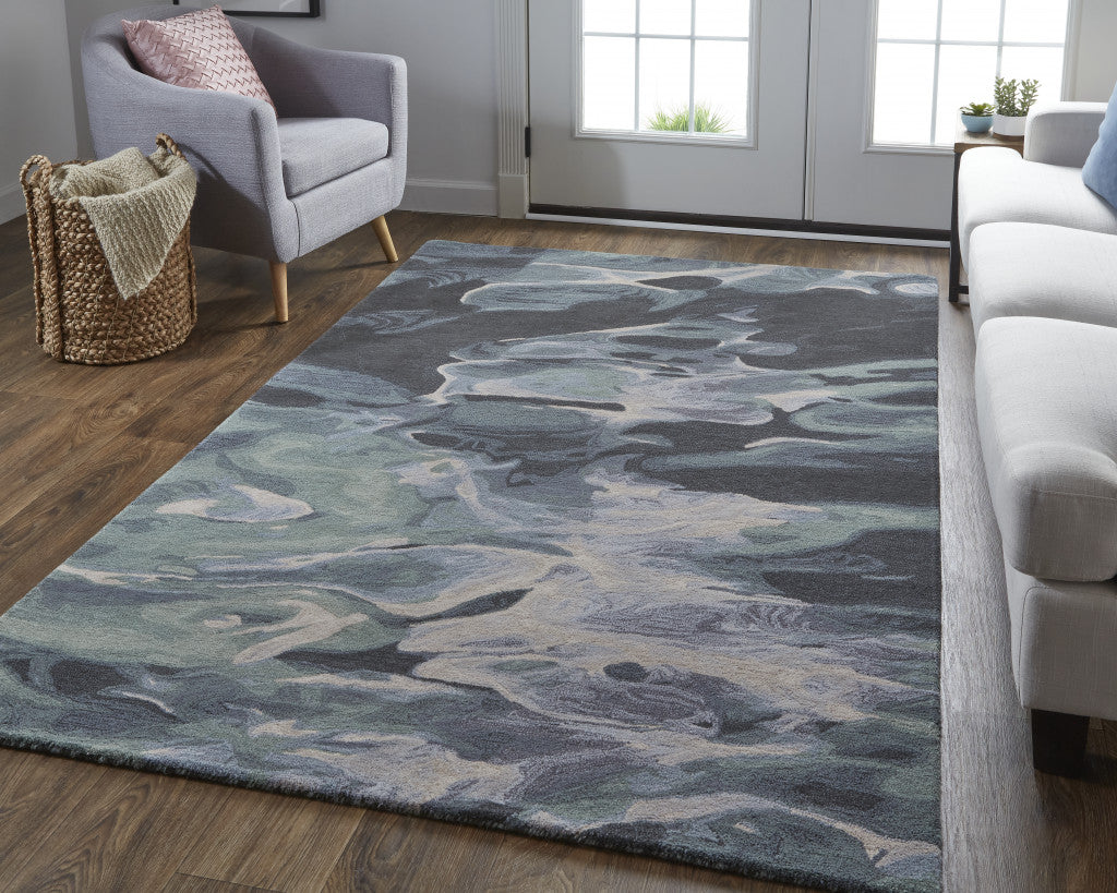 8' X 10' Green Blue And Black Wool Abstract Tufted Handmade Stain Resistant Area Rug