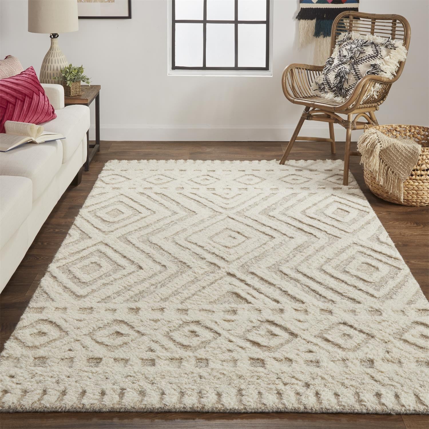 10' X 14' Ivory And Tan Wool Geometric Tufted Handmade Stain Resistant Area Rug