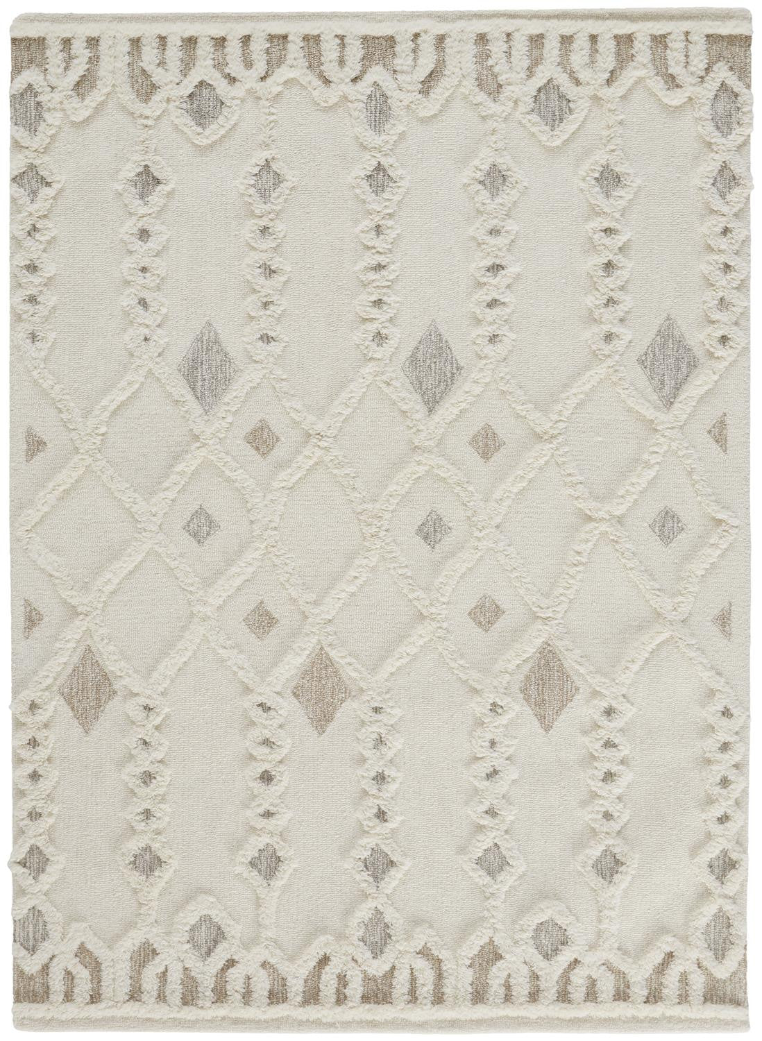 5' X 8' Ivory Tan And Silver Wool Geometric Tufted Handmade Stain Resistant Area Rug