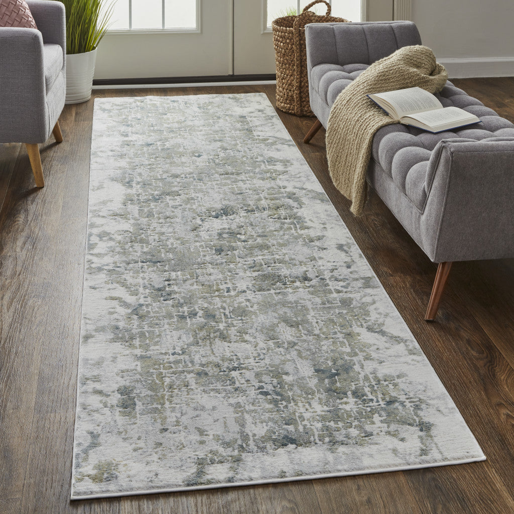 8' X 10' Green Gray And Ivory Abstract Distressed Stain Resistant Area Rug