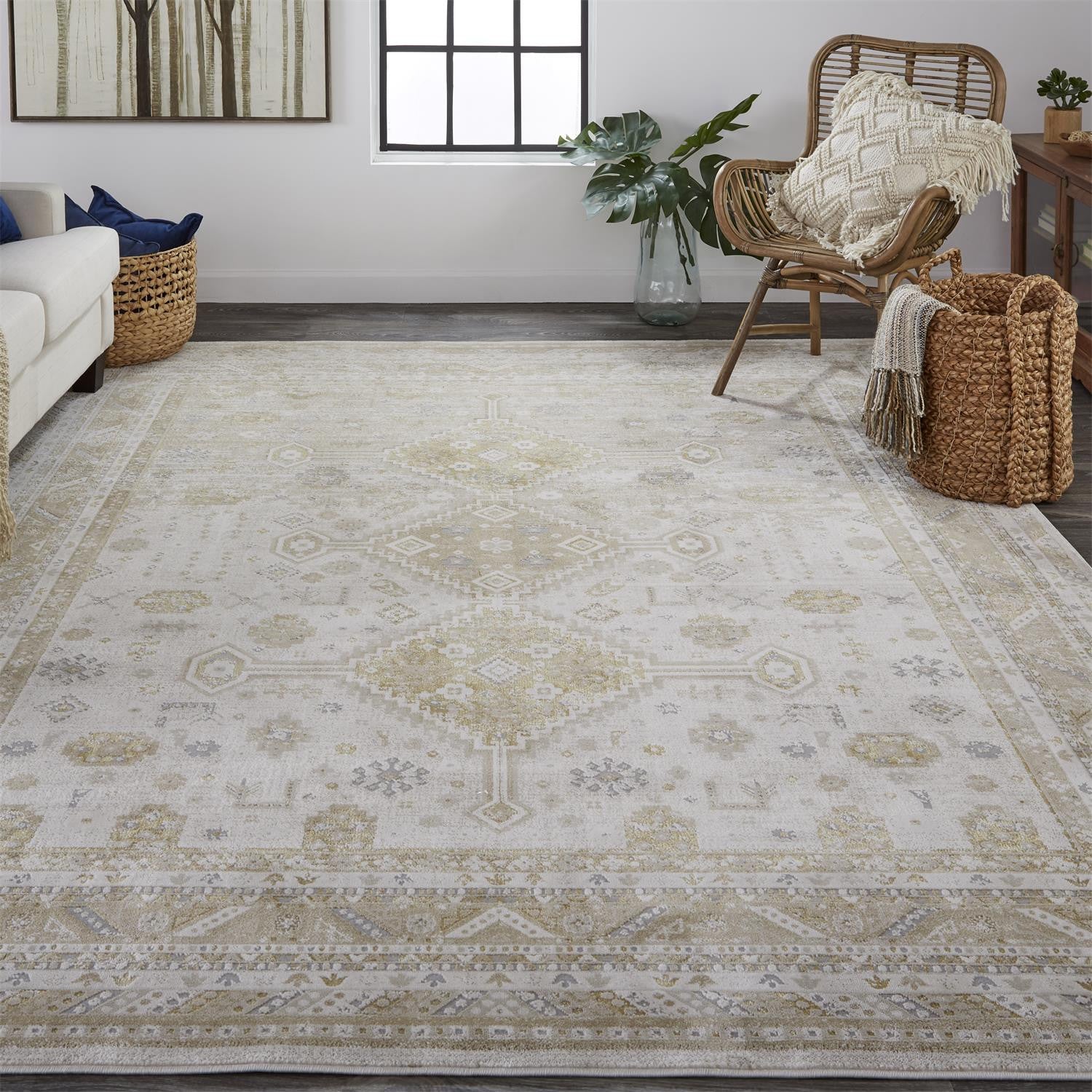 8' X 11' Gold And Ivory Floral Stain Resistant Area Rug