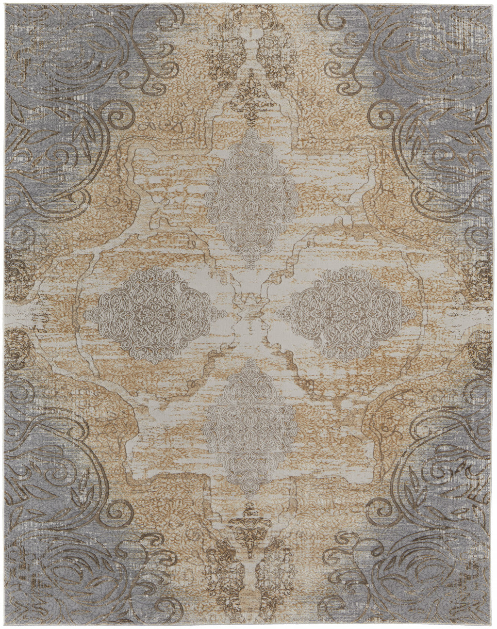 9' X 12' Silver Tan And Gray Floral Power Loom Area Rug