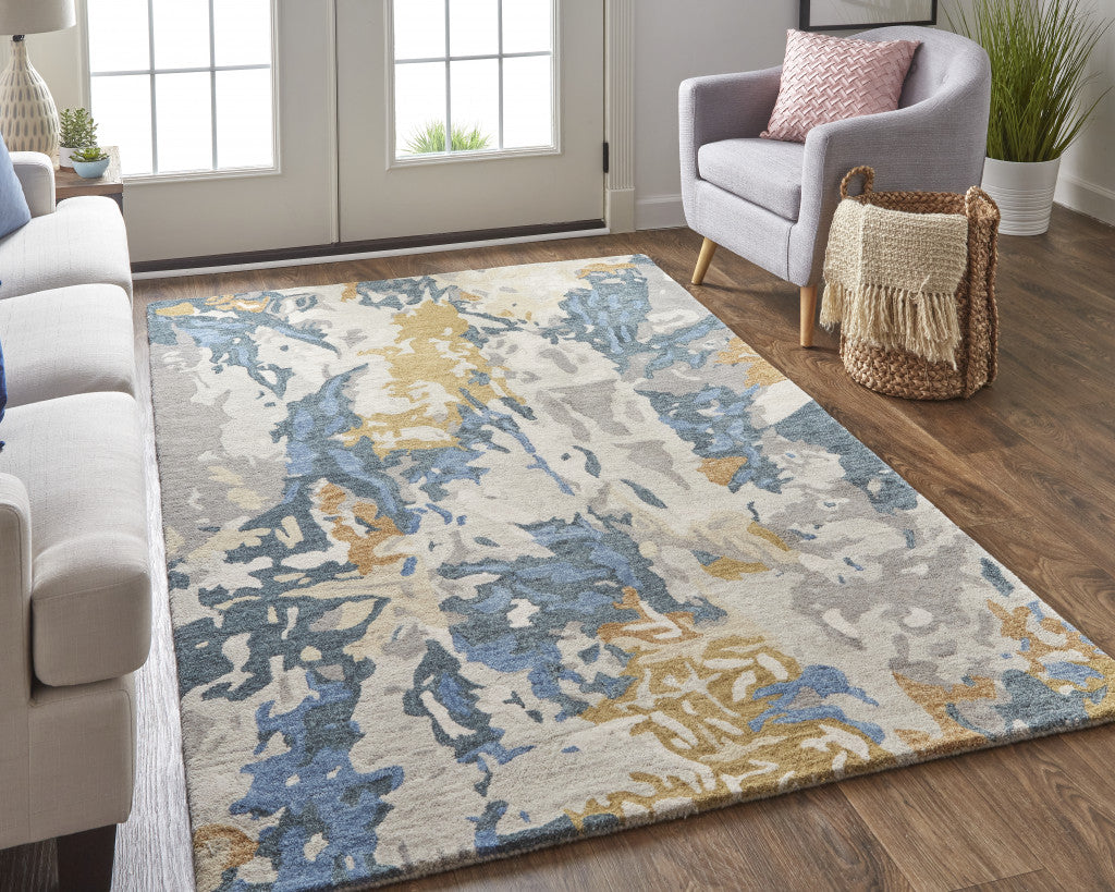 4' X 6' Gray Blue And Gold Wool Abstract Tufted Handmade Stain Resistant Area Rug