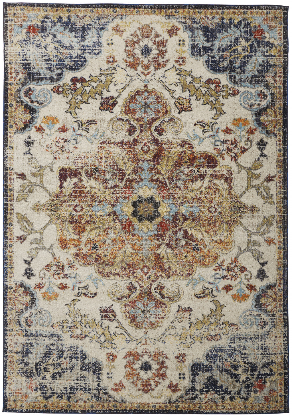 8' X 11' Ivory Gold And Blue Floral Stain Resistant Area Rug