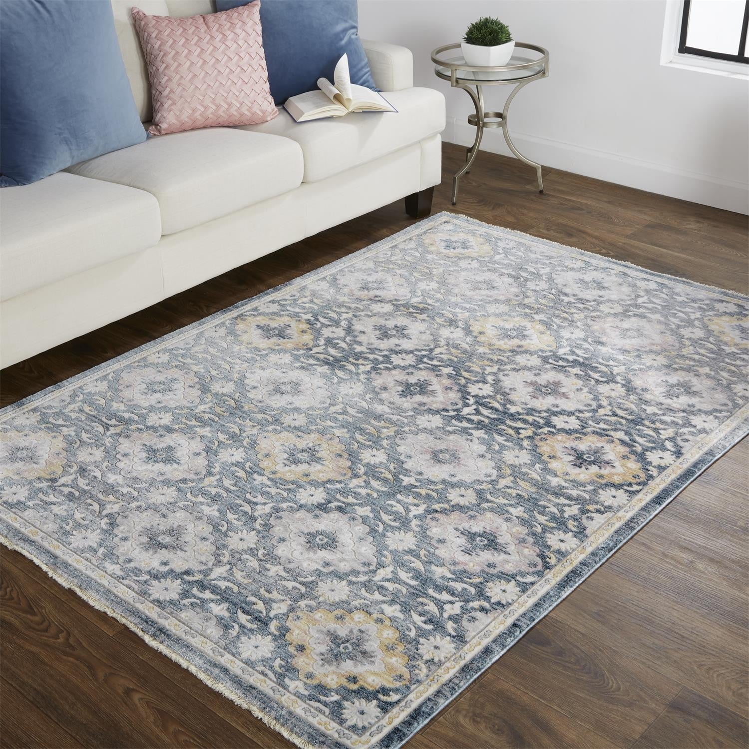 6' Blue And Gold Round Floral Stain Resistant Area Rug