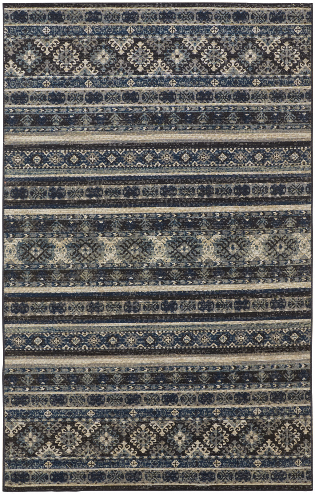 8' X 11' Blue Red And Ivory Geometric Power Loom Distressed Stain Resistant Area Rug