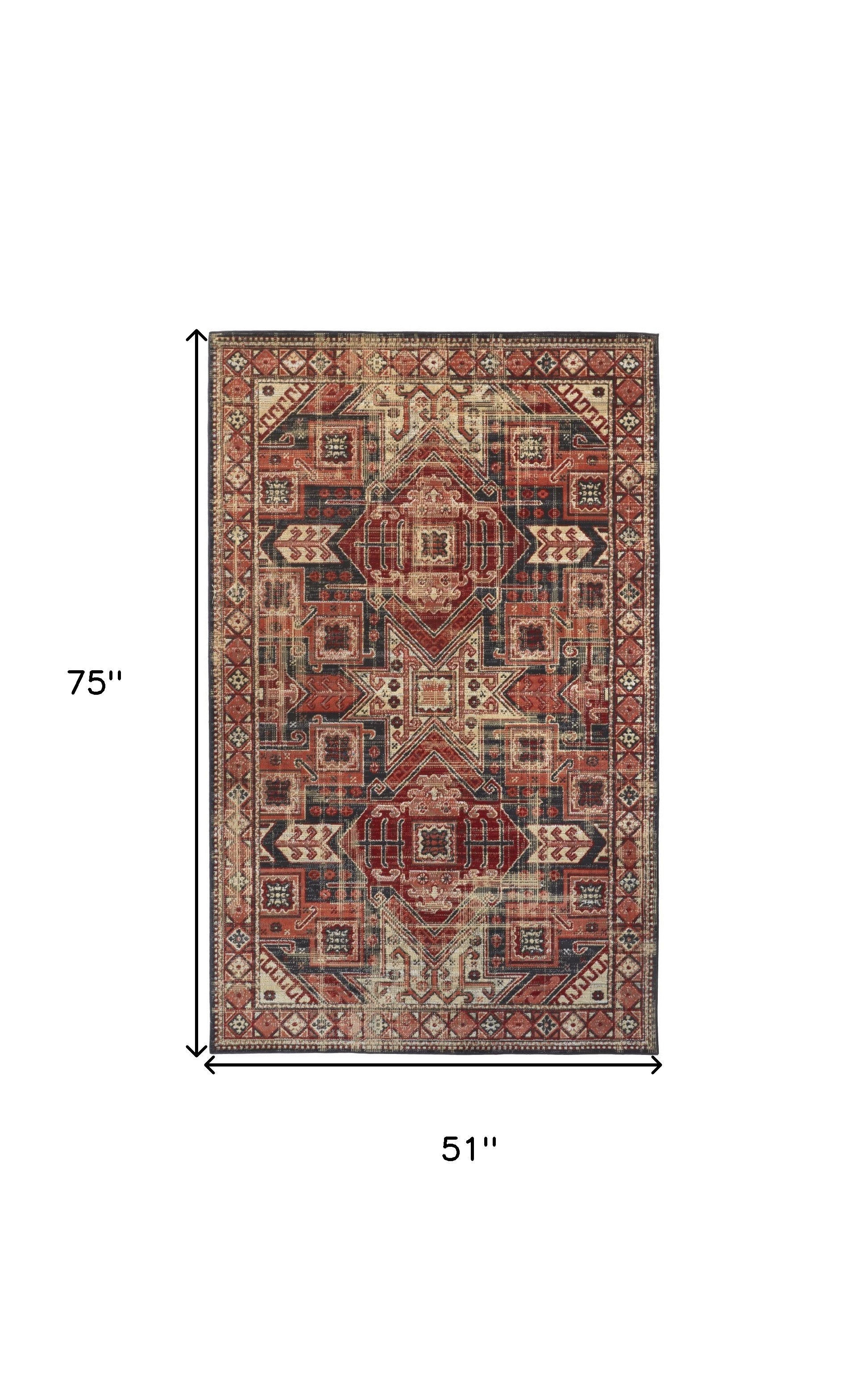 8' X 11' Red Tan And Black Abstract Power Loom Distressed Stain Resistant Area Rug