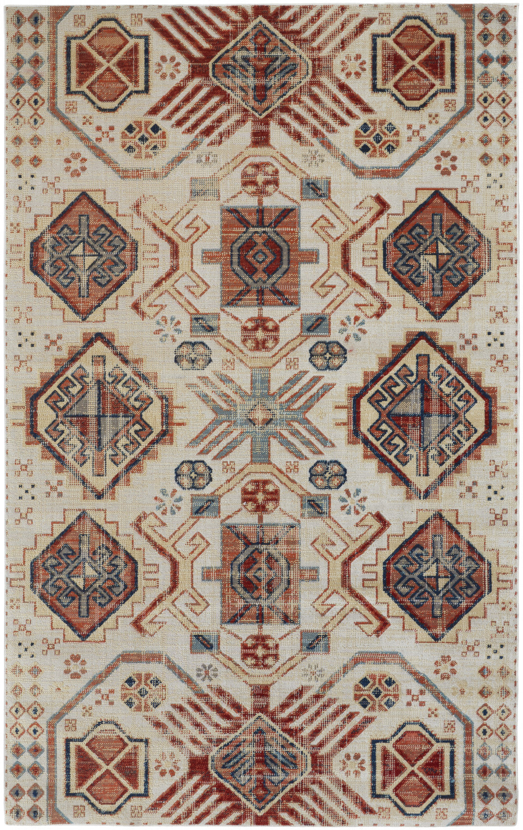 8' X 11' Blue Red And Tan Abstract Power Loom Distressed Stain Resistant Area Rug