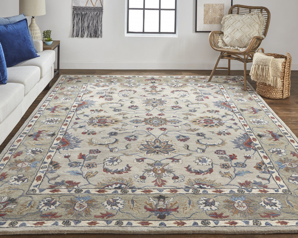 4' X 6' Ivory Taupe And Blue Wool Floral Tufted Handmade Stain Resistant Area Rug