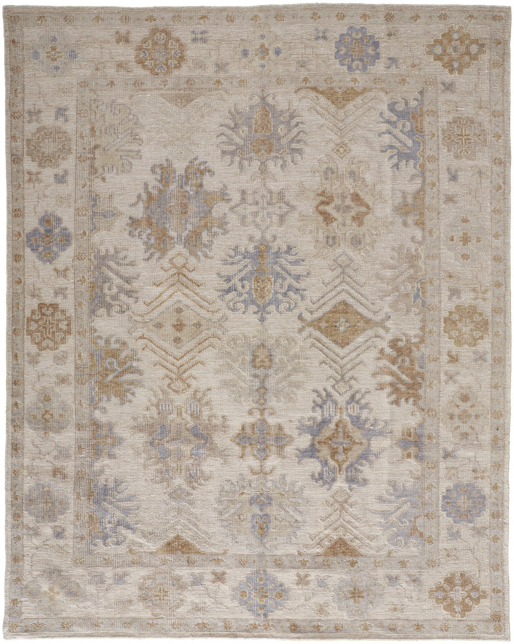 5' X 8' Ivory Tan And Blue Floral Hand Knotted Stain Resistant Area Rug