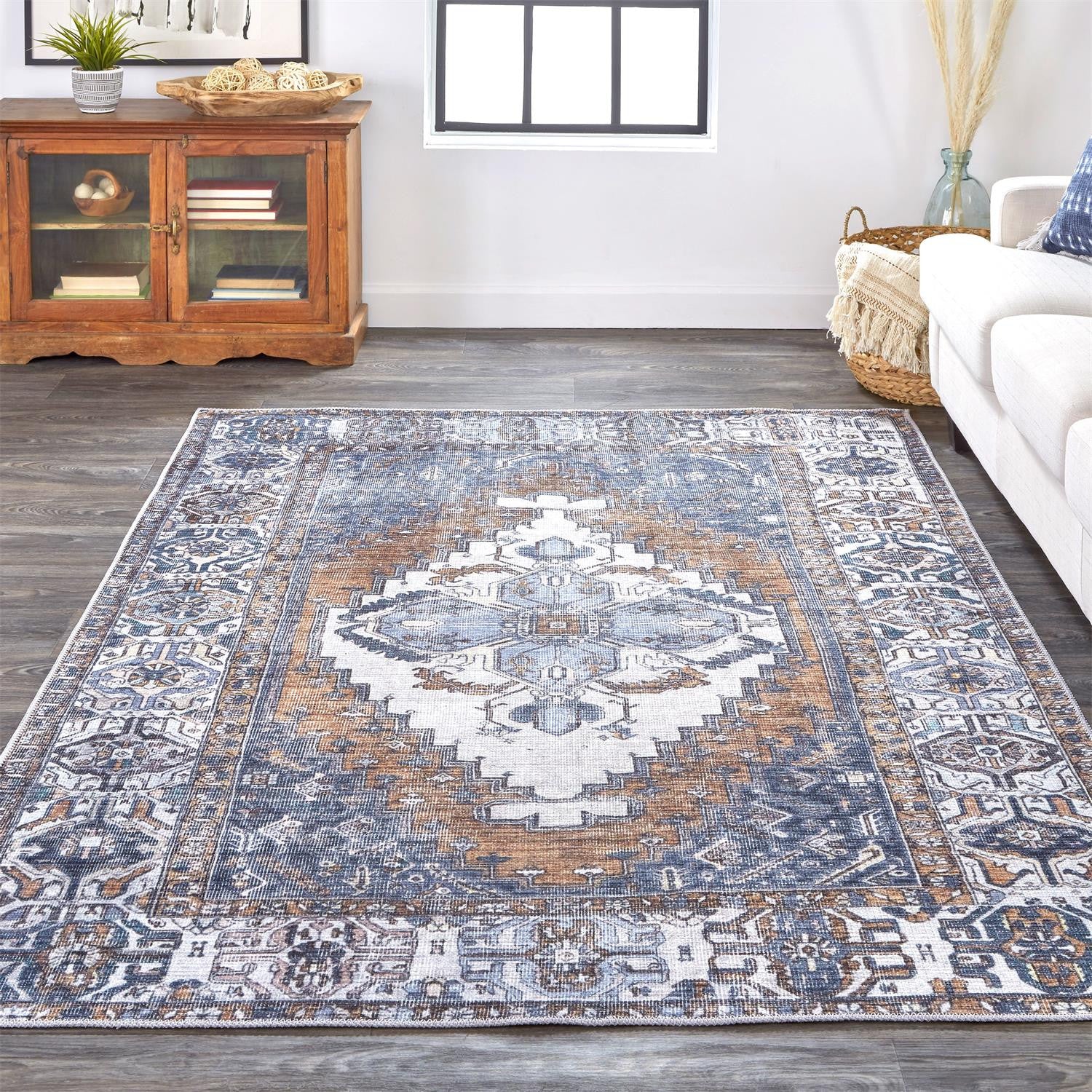 4' X 6' Blue Ivory And Brown Floral Area Rug