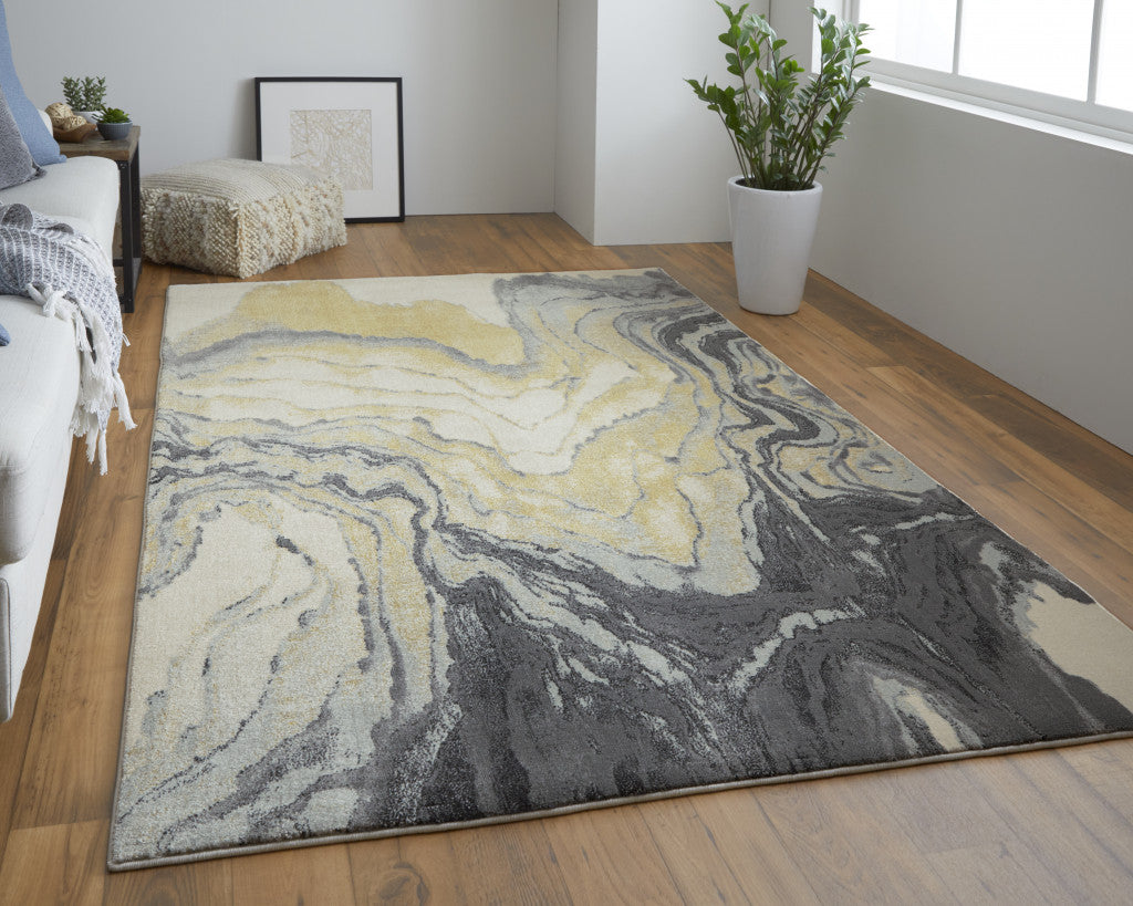 5' X 8' Gray Yellow And Ivory Area Rug