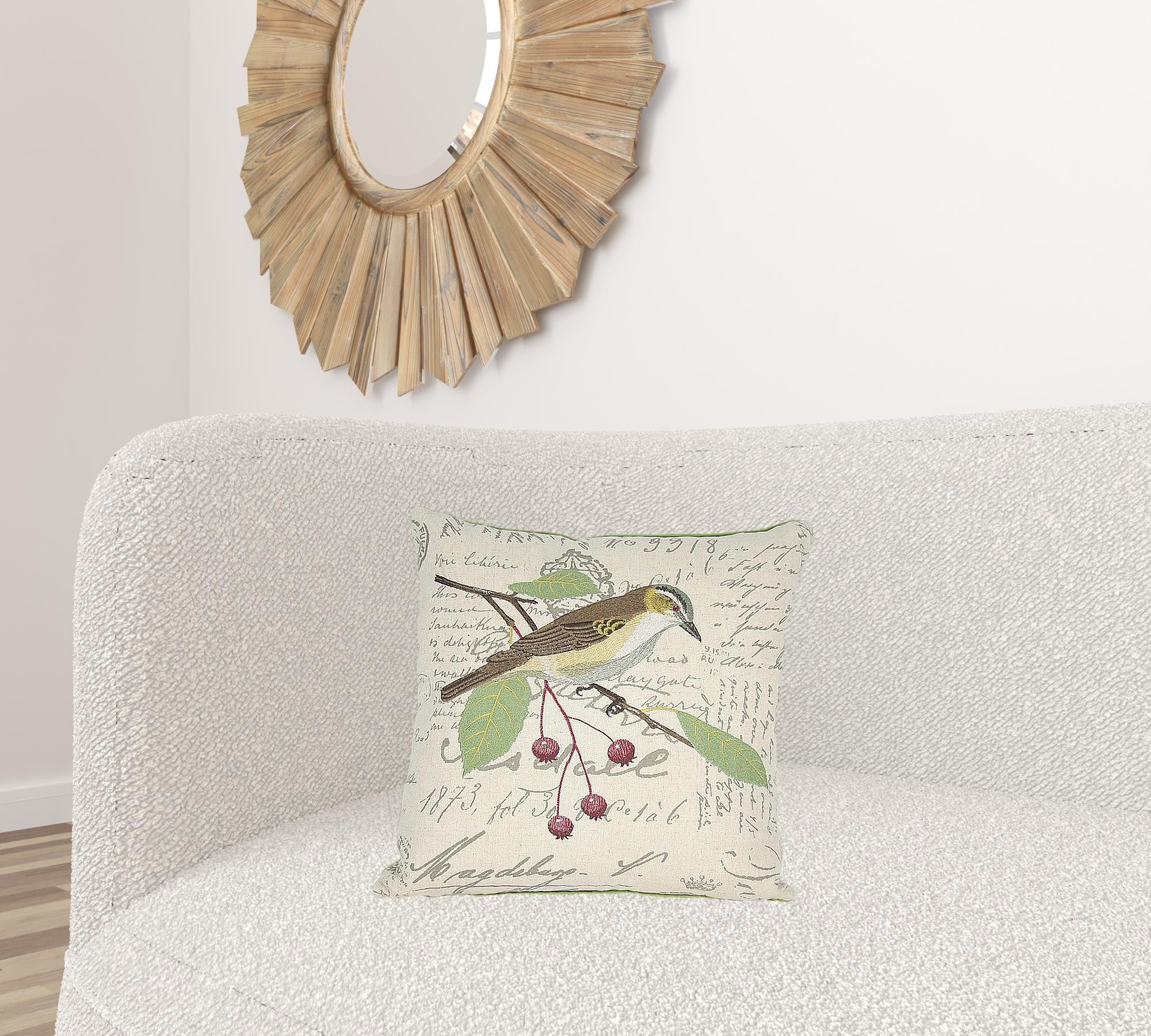 18"x18" Beige and Green Bird Linen Blend Bird Print Zippered Pillow