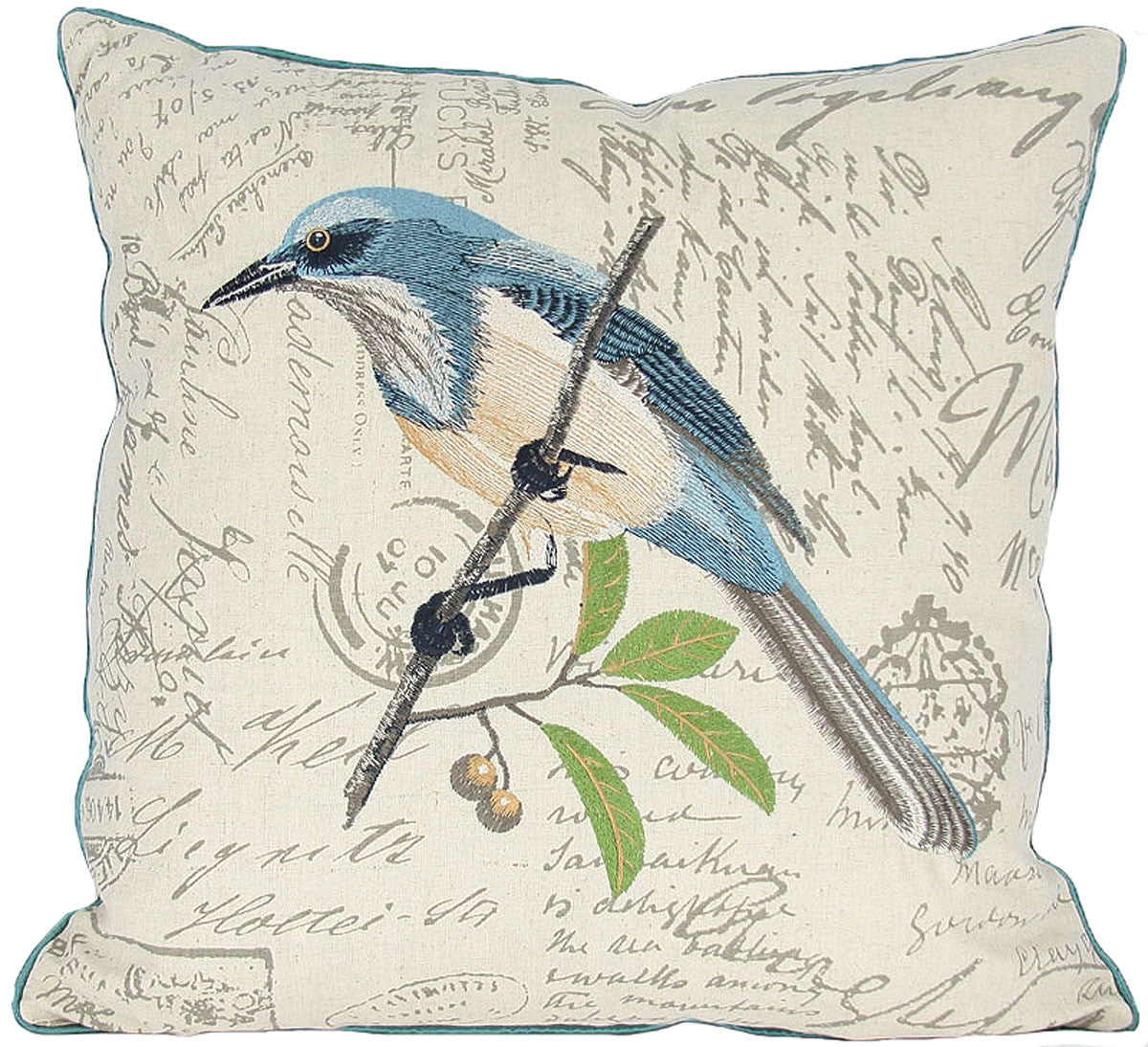 18"x18" Beige and Aqua Bird Linen Blend Bird Print Zippered Pillow