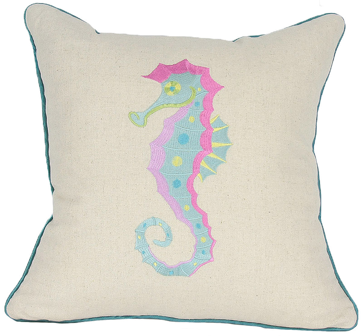 18"x18" Beige and Aqua Seahorse Ocean Linen Blend Zippered Pillow With Embroidery