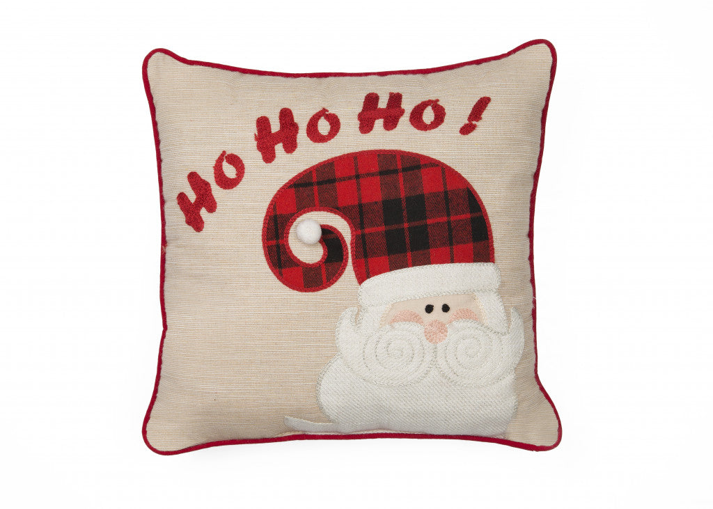 13"x13" Beige and Red Christmas Hohoho Polyester Pillow