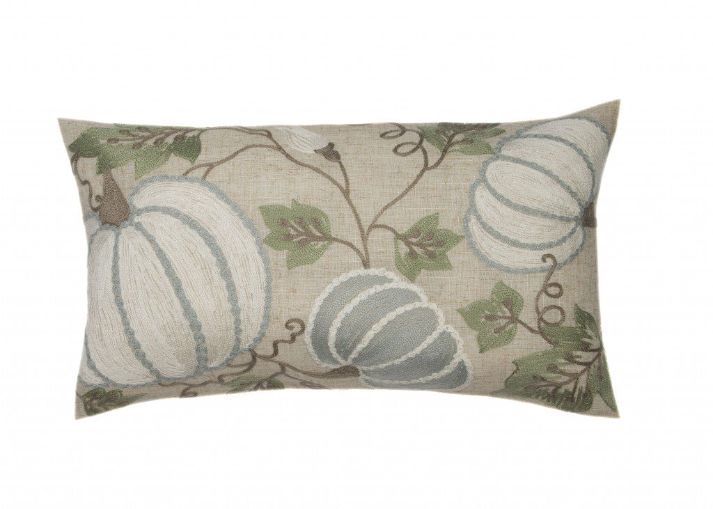 12" X 20" Beige and Green Thanksgiving Pumpkin Linen Blend Zippered Pillow With Embroidery