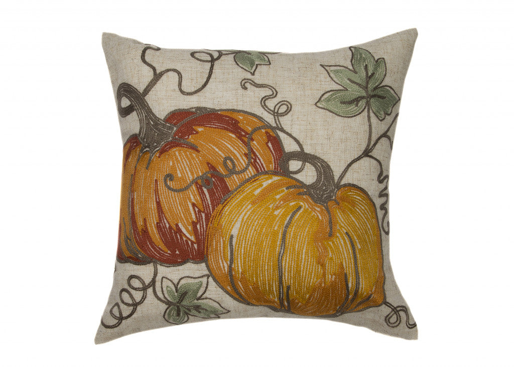 14" X 14" Green and Orange Thanksgiving Pumpkin Linen Blend Zippered Pillow With Embroidery