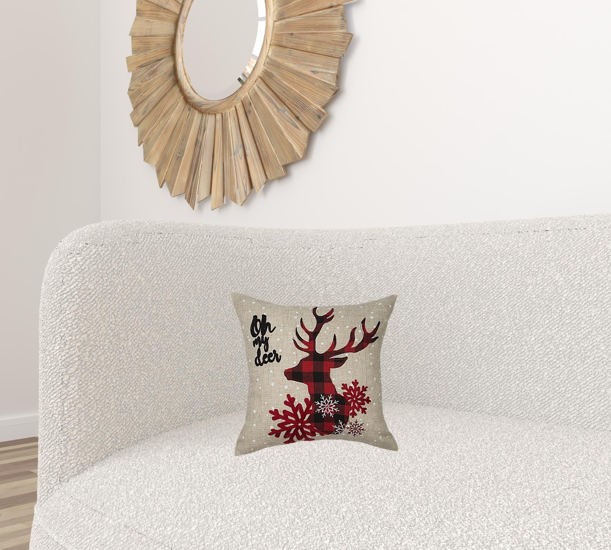 14" X 14" Beige and Red Deer Christmas Reindeer Linen Blend Zippered Pillow With Embroidery