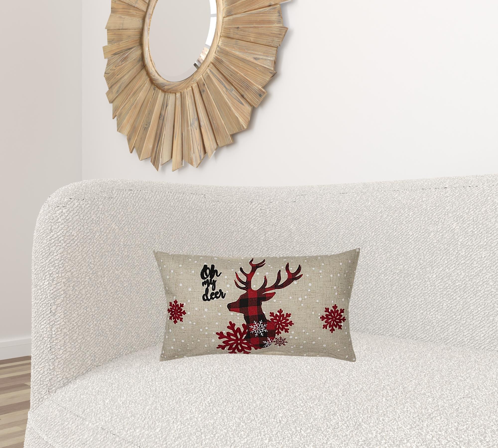 12" X 20" Beige and Red Deer Christmas Reindeer Linen Blend Zippered Pillow With Embroidery