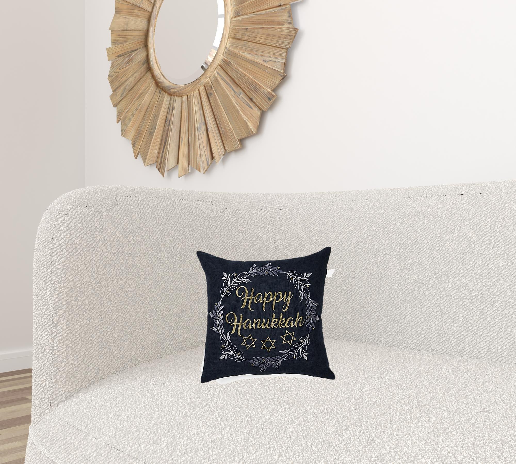 14" X 14" Black and Gray Hanukkah Polyester Zippered Pillow With Embroidery