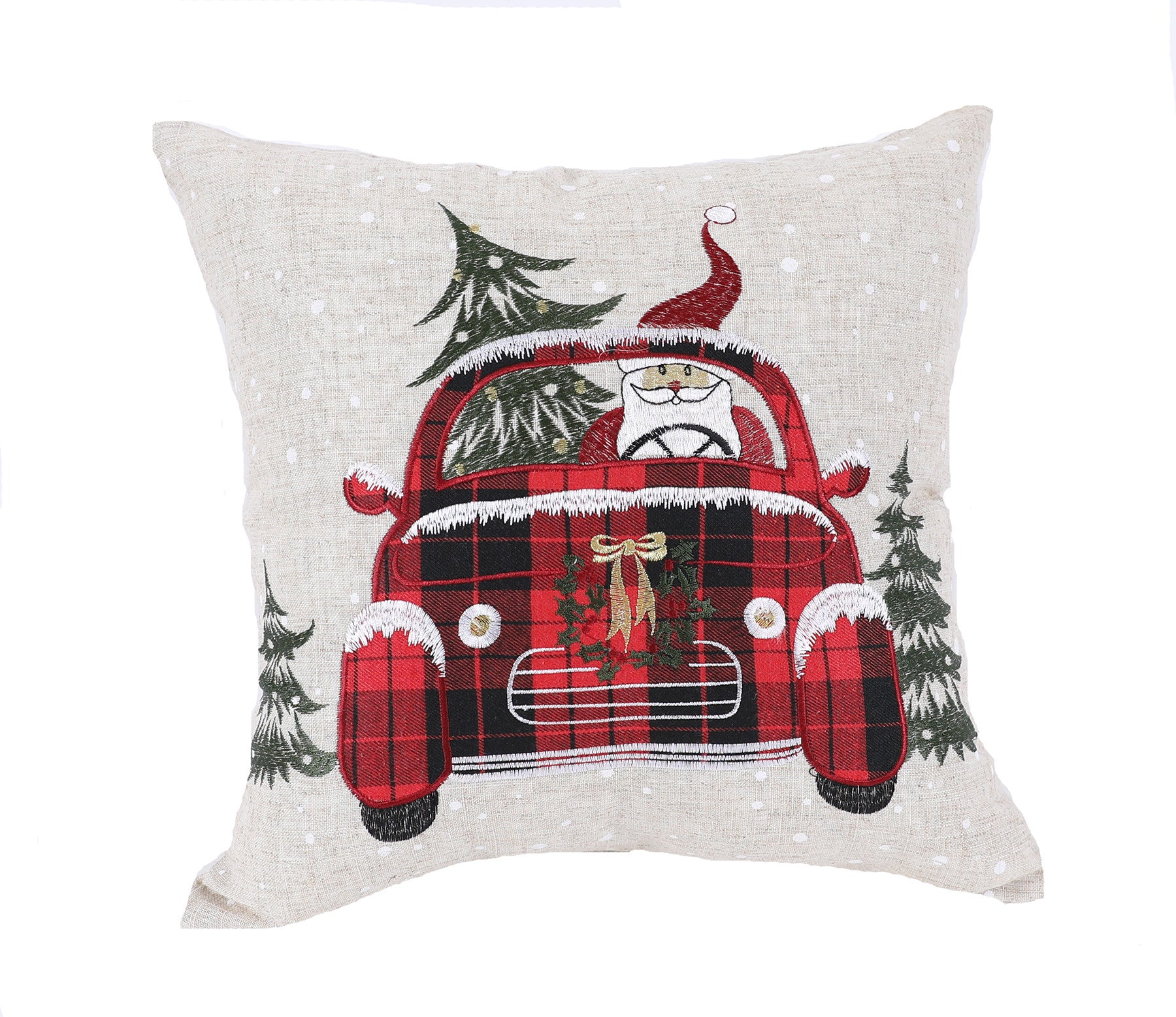 14" X 14" Gray and Red Christmas Holiday Van Linen Blend Zippered Pillow With Embroidery