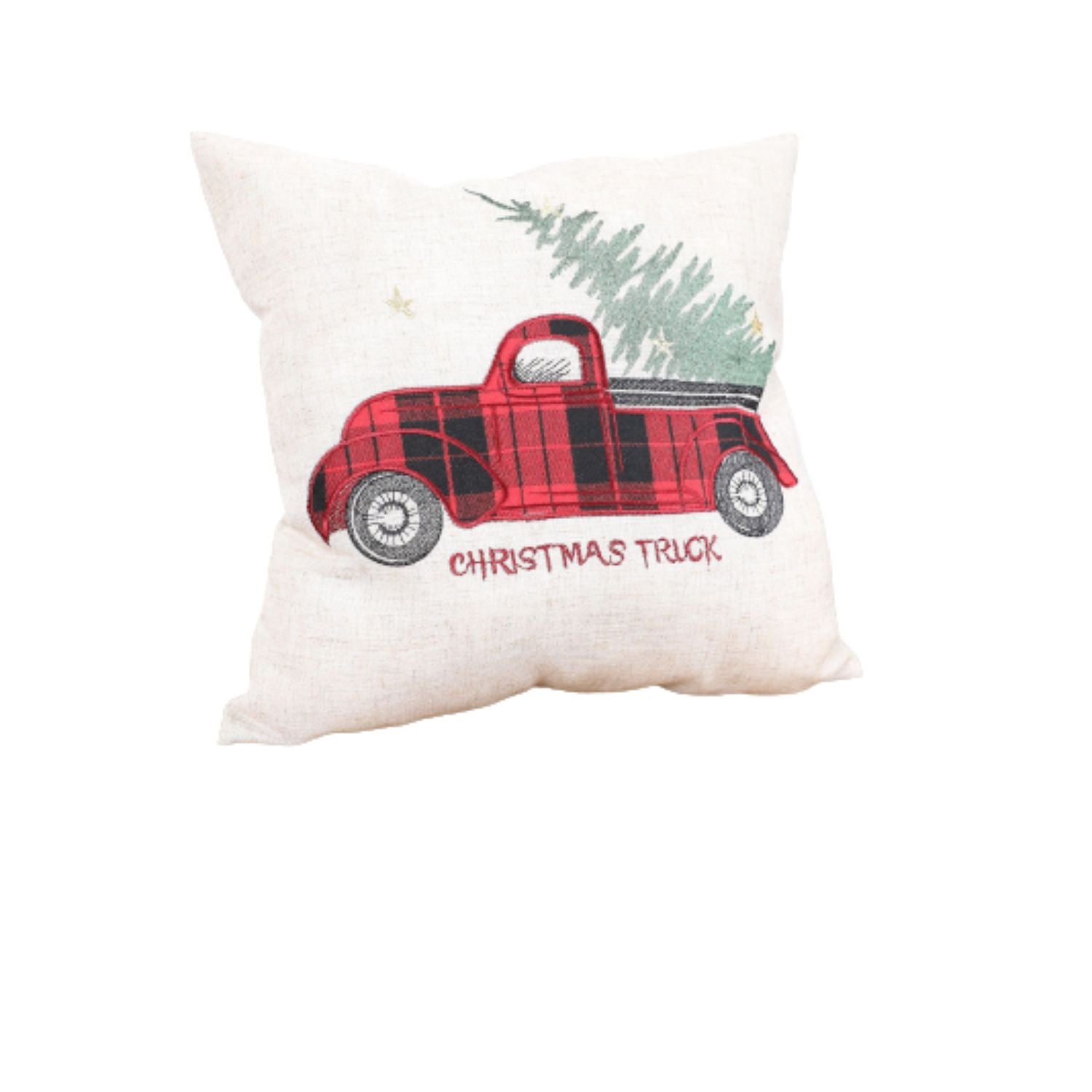 14" X 14" Beige and Red Christmas Holiday Red Truck Linen Blend Zippered Pillow With Embroidery