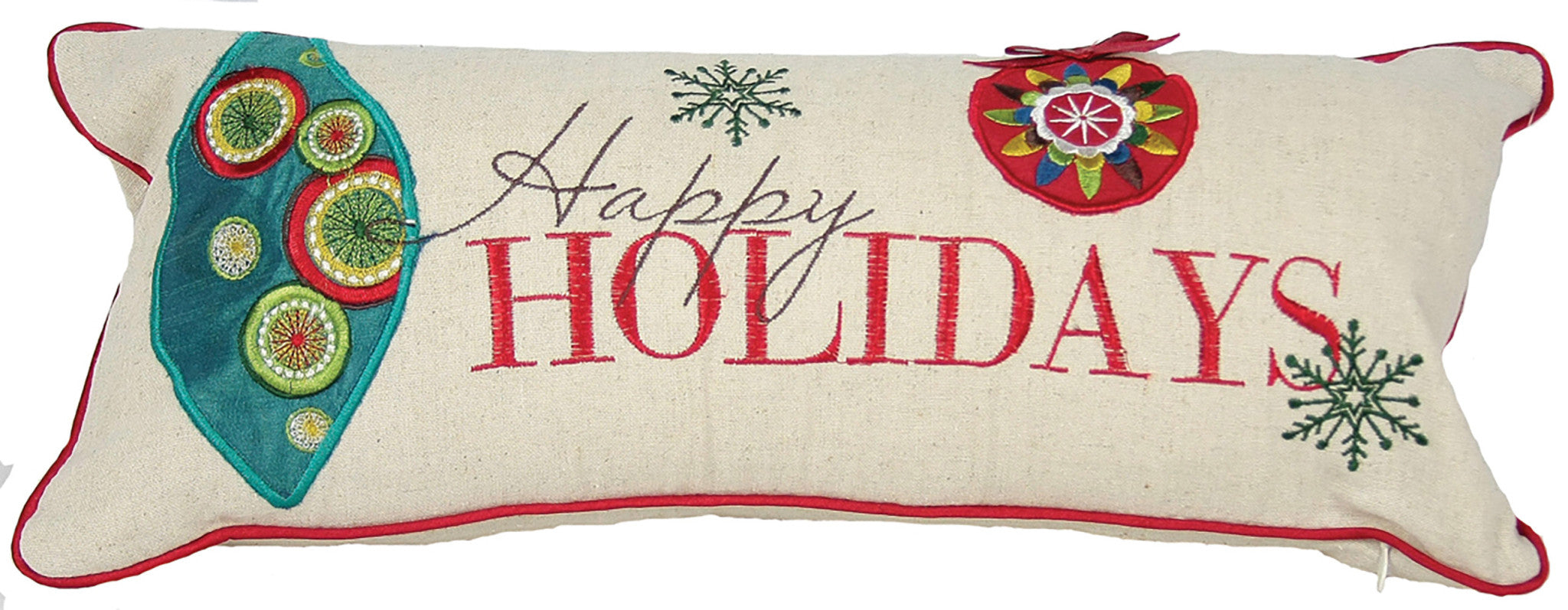 8" X 18" Beige and Red Christmas Ornaments Linen Blend Zippered Pillow With Embroidery