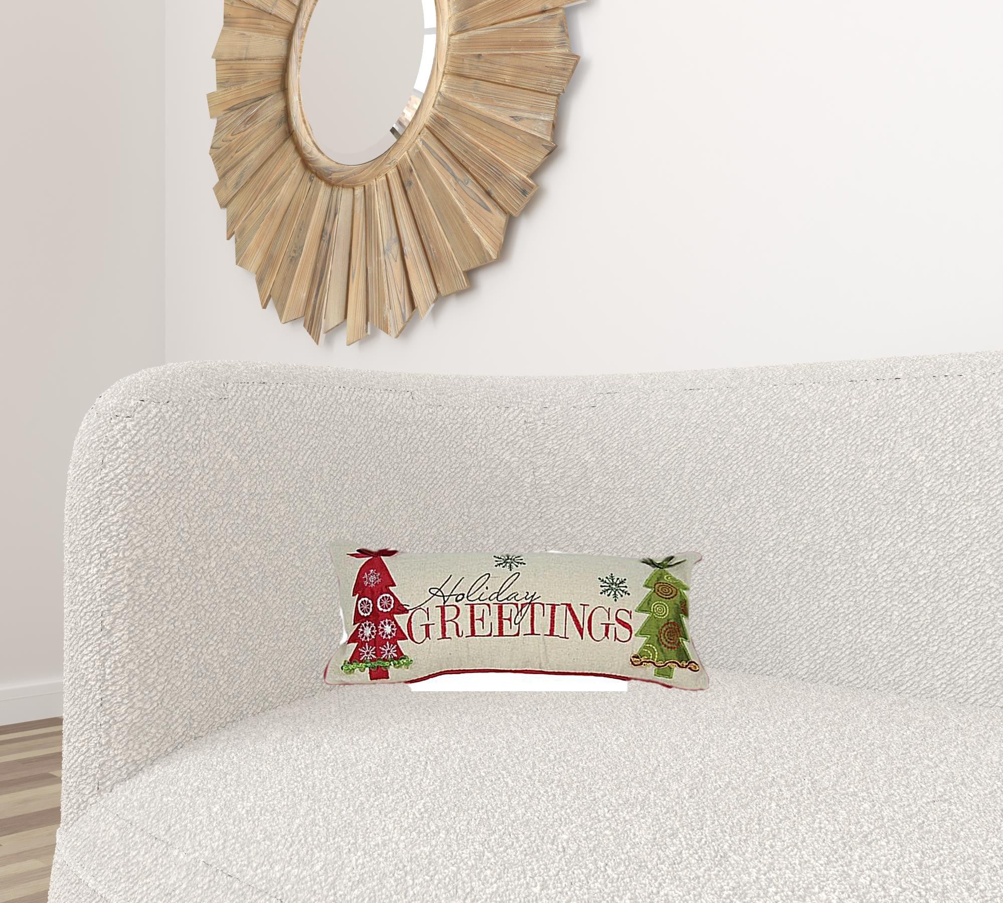 8" X 18" Green and Red Christmas Trees Linen Blend Zippered Pillow With Embroidery