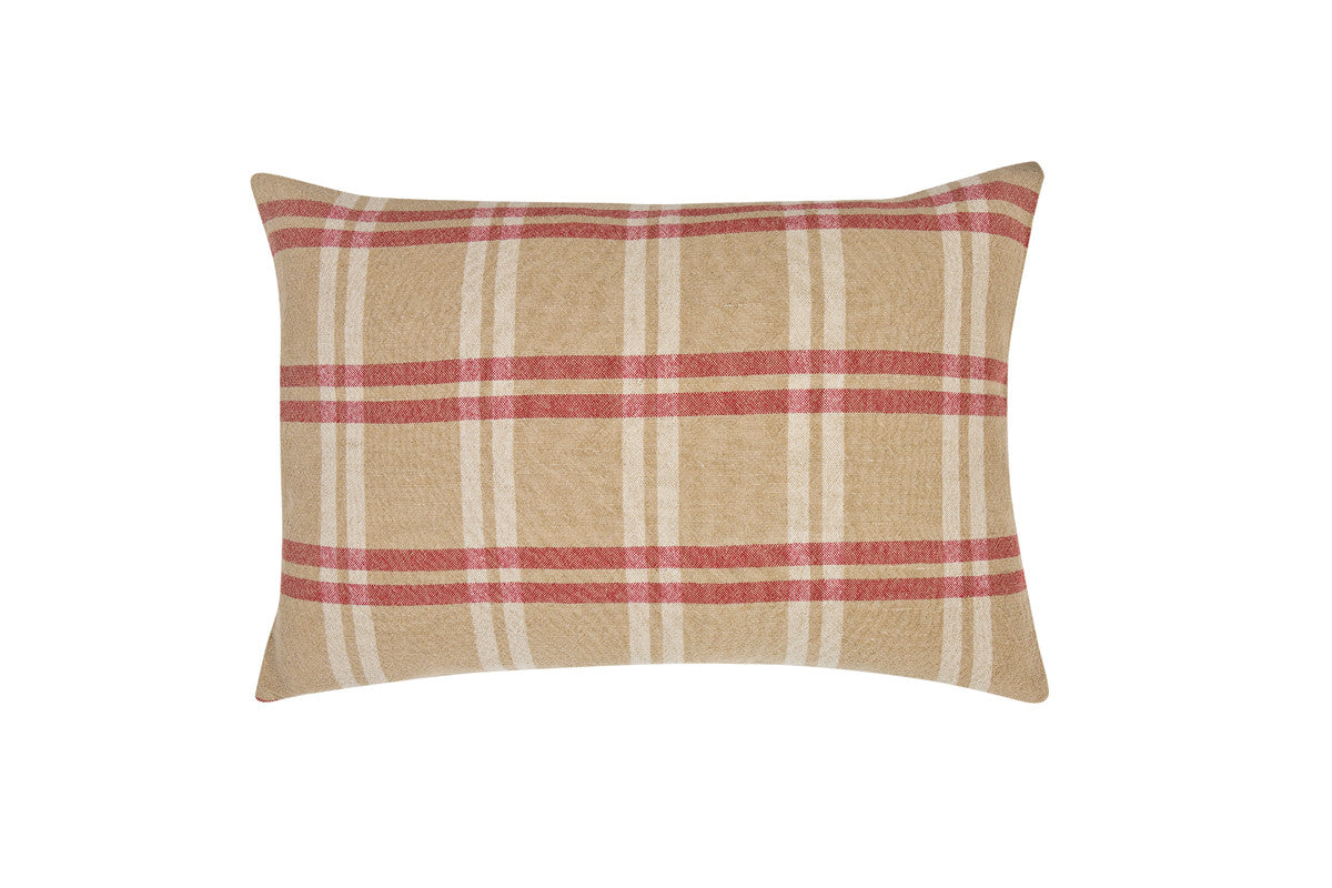 16" X 24" Brown and Red Checkered Linen Blend Zippered Pillow