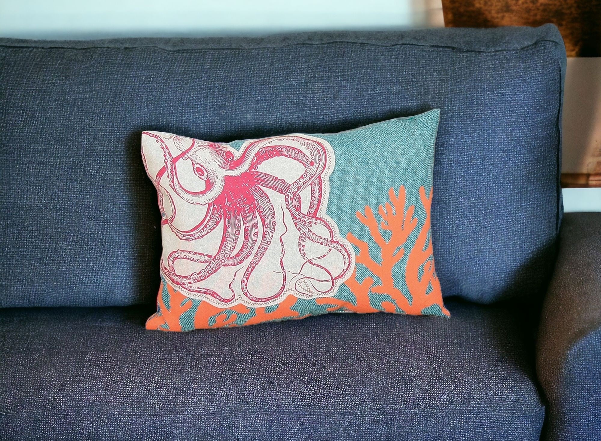 13" X 18" Red Orange Octopus Coastal Polyester Pillow With Applique