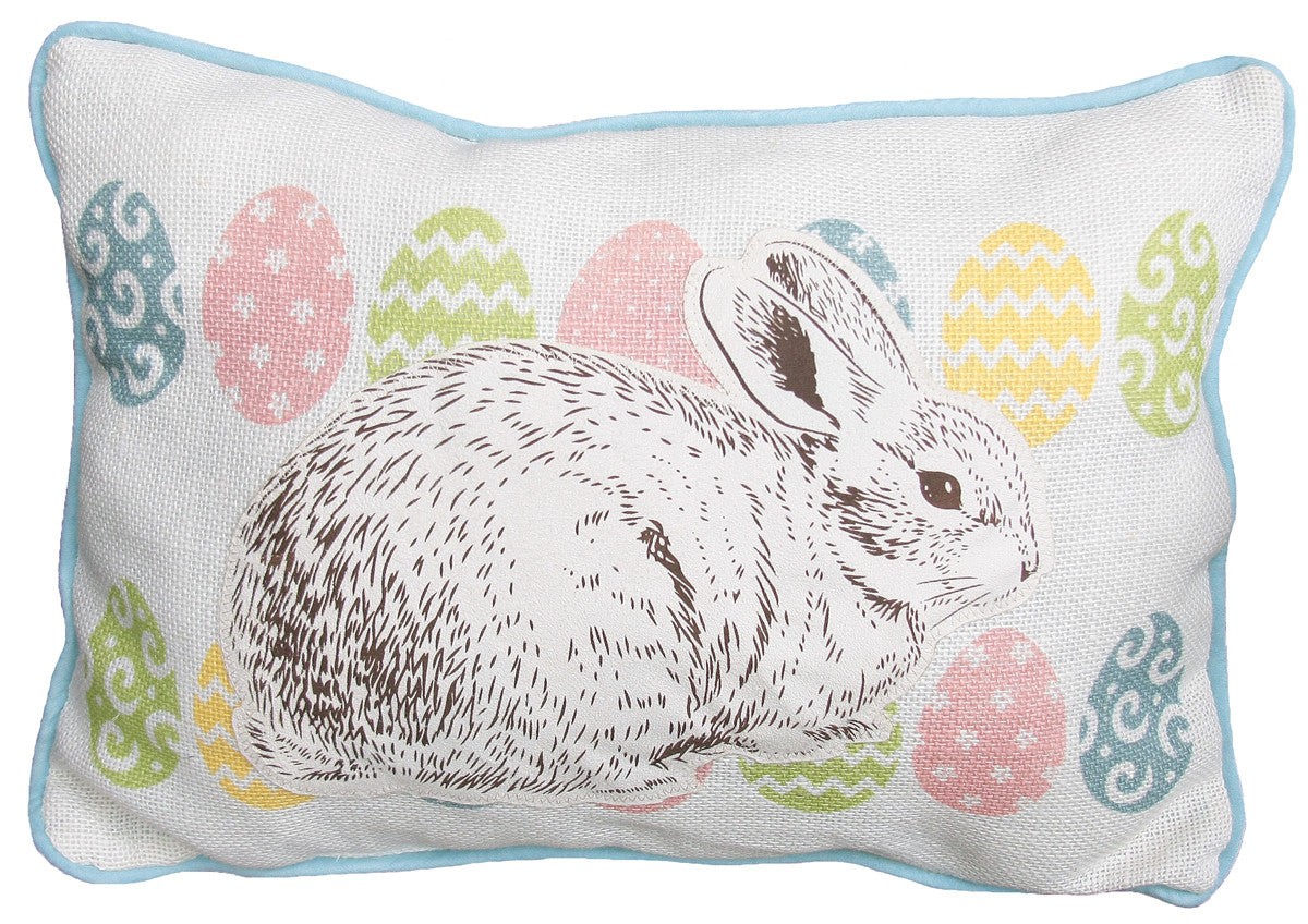 13" X 18" Blue and White Rabbit Easter Easter Bunny Jute Pillow With Applique