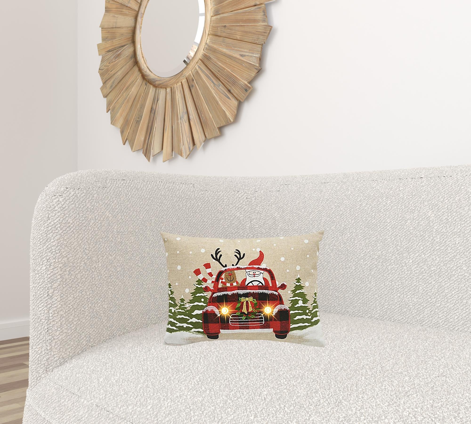 13" X 18" Beige and Red Christmas Holiday Van Polyester Pillow With Applique