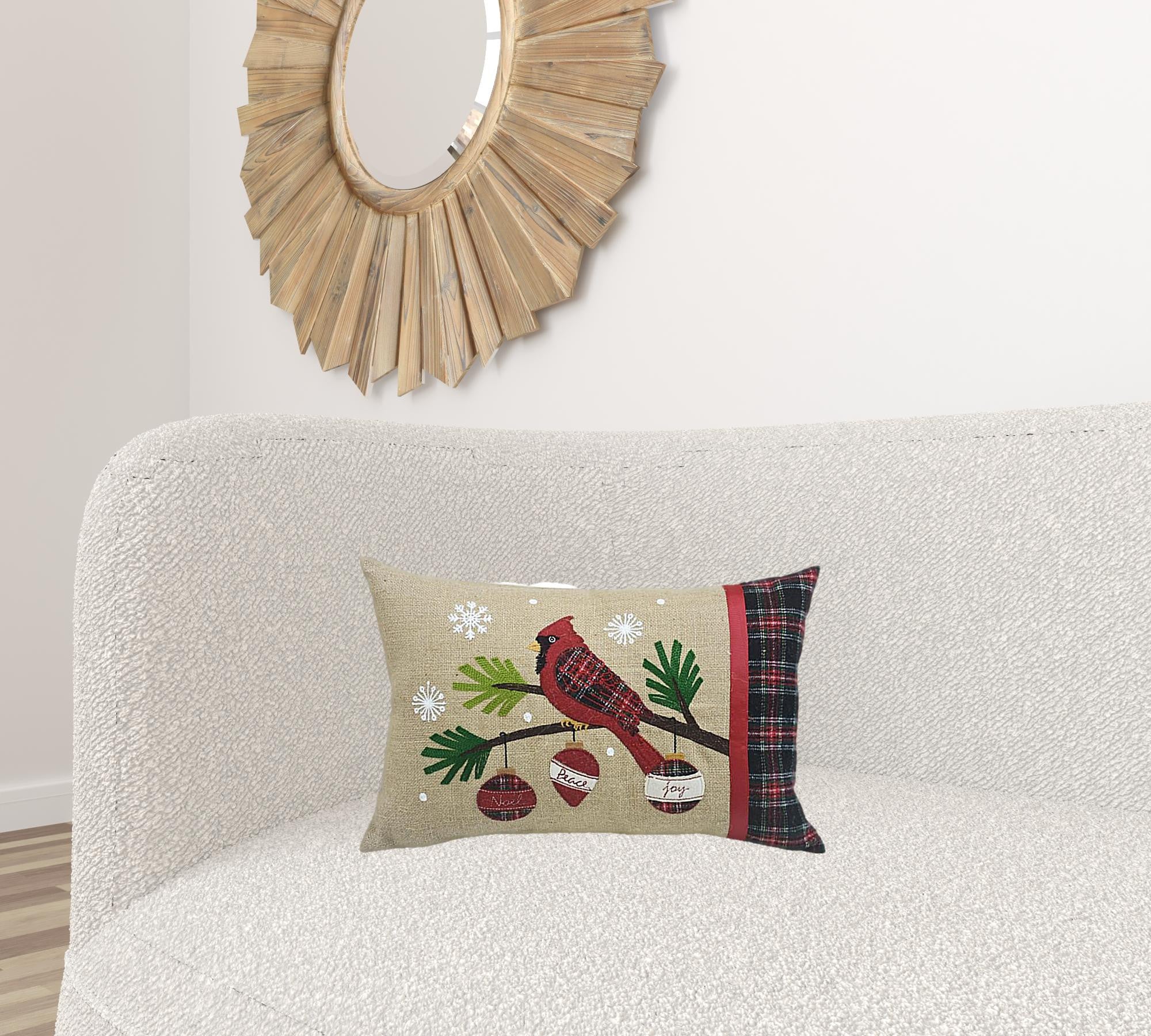 14" X 20" Beige and Red Bird Christmas Jute Pillow With Applique