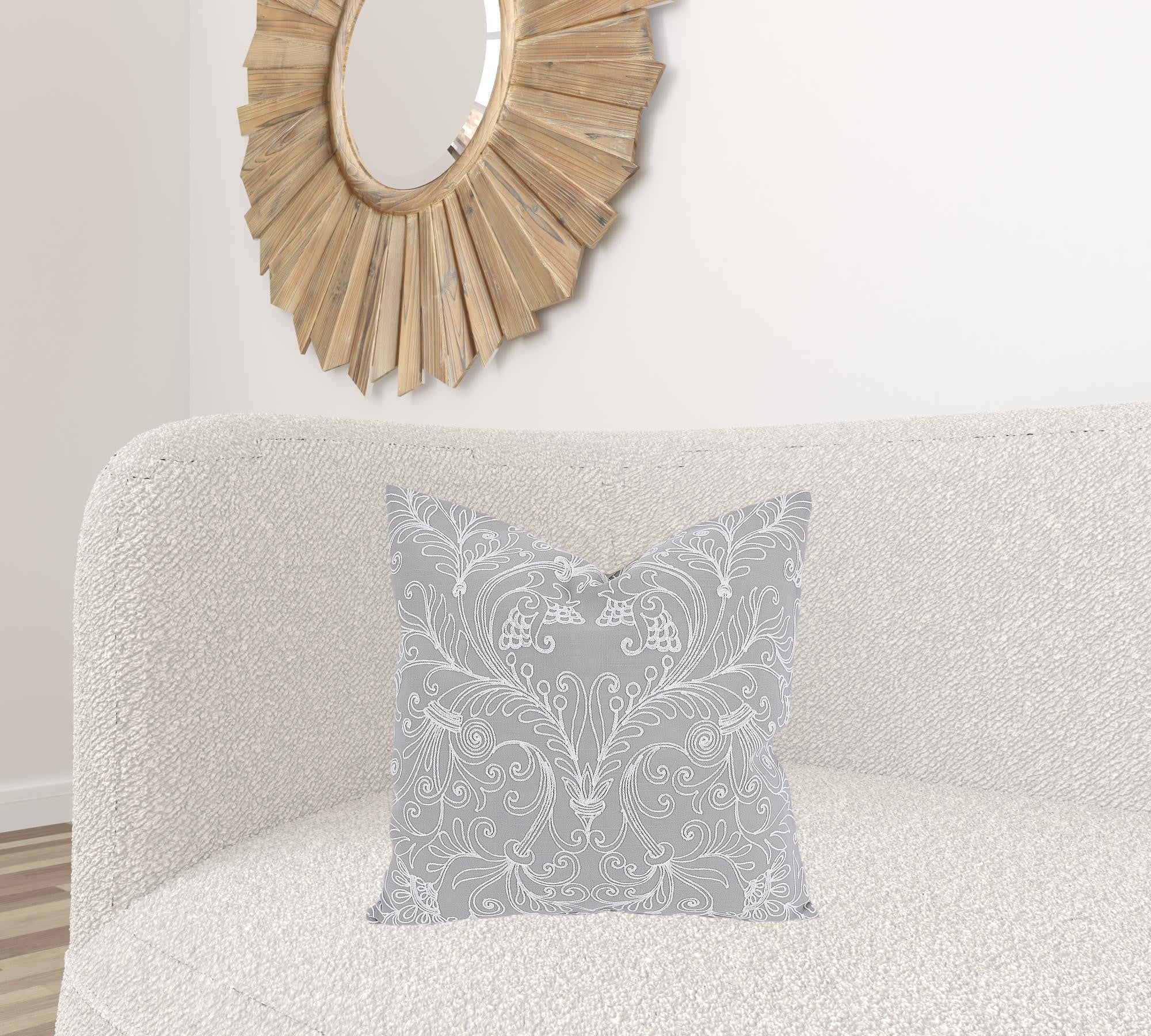 20" X 20" Gray and White Damask Polyester Zippered Pillow With Embroidery