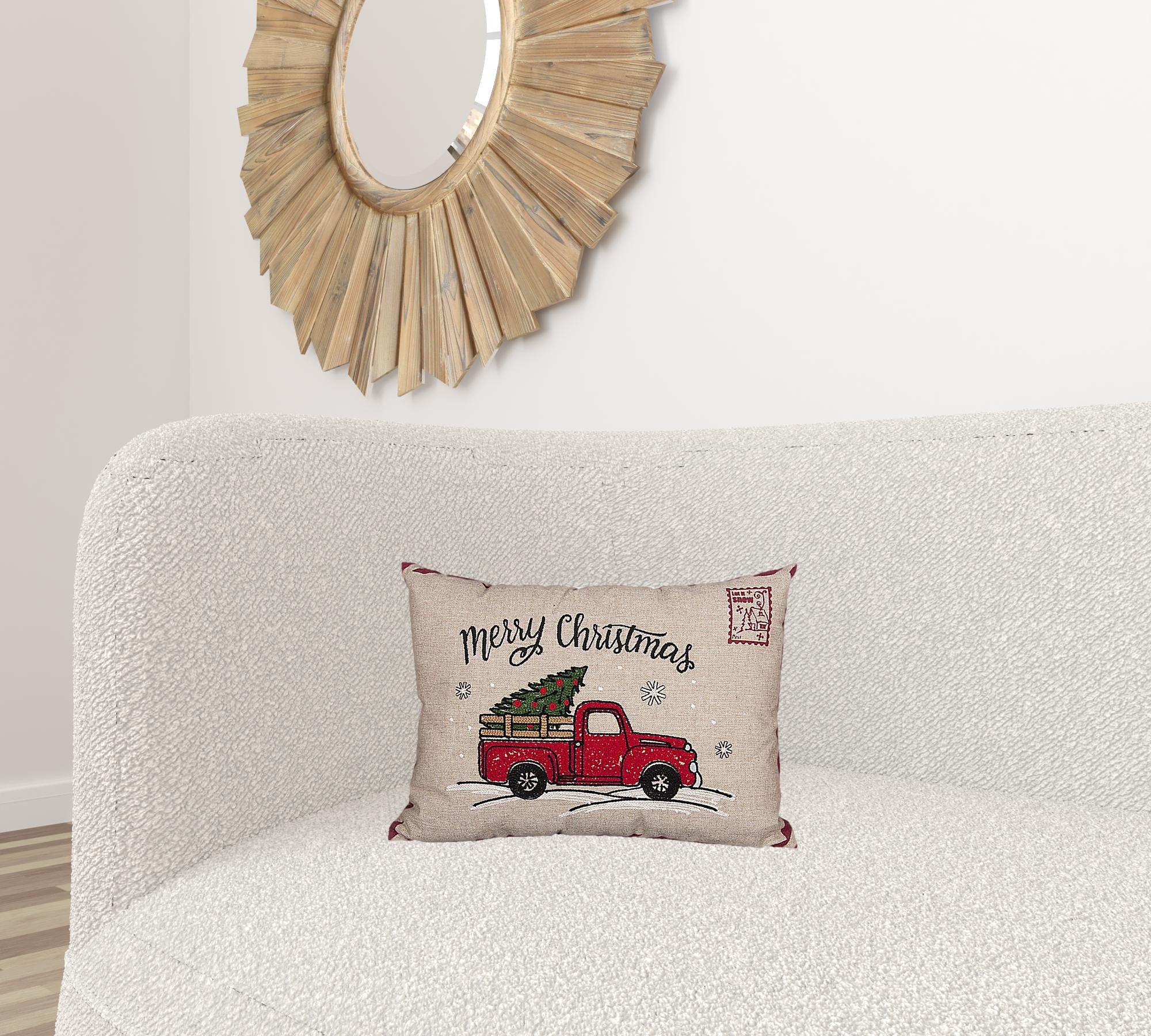 13" X 18" Beige and Red Christmas Holiday Van Polyester Zippered Pillow