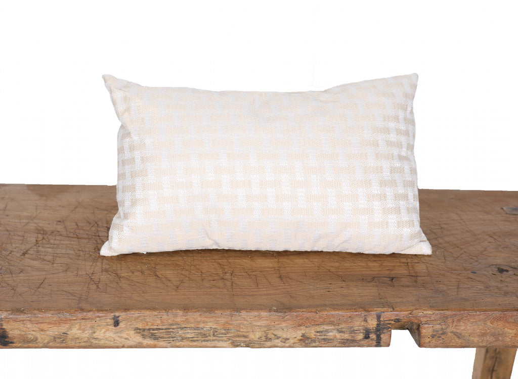 13" X 21" Beige and White Checkered Polyester Zippered Pillow