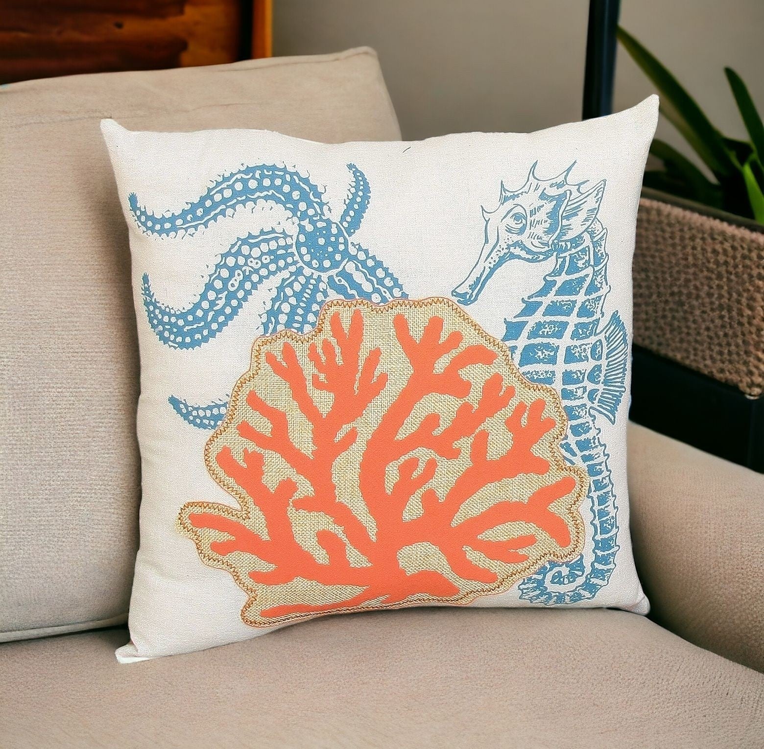 18" X 18" Blue and Orange Seahorse Coastal Polyester Pillow With Applique