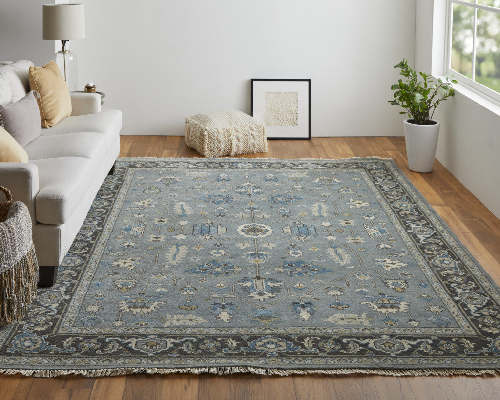 2' X 3' Blue Gray And Taupe Wool Floral Hand Knotted Stain Resistant Area Rug