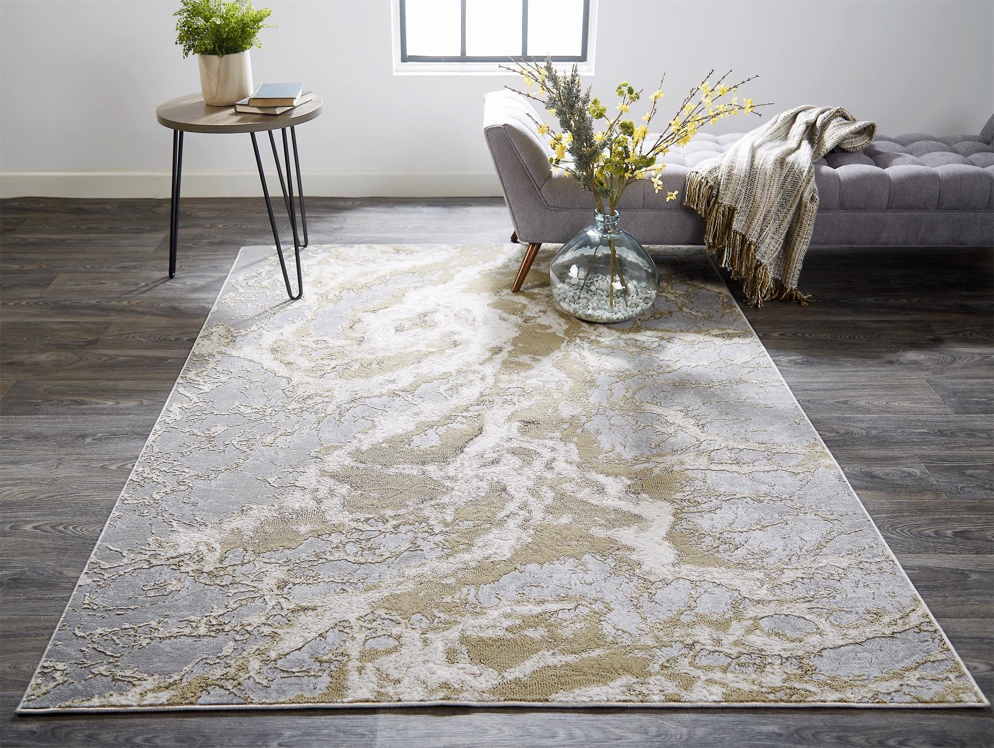 2' X 3' Ivory Silver And Gold Abstract Stain Resistant Area Rug