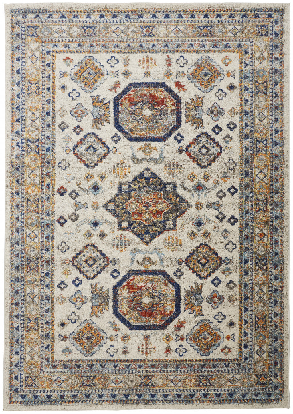 2' X 3' Ivory Orange And Blue Floral Stain Resistant Area Rug