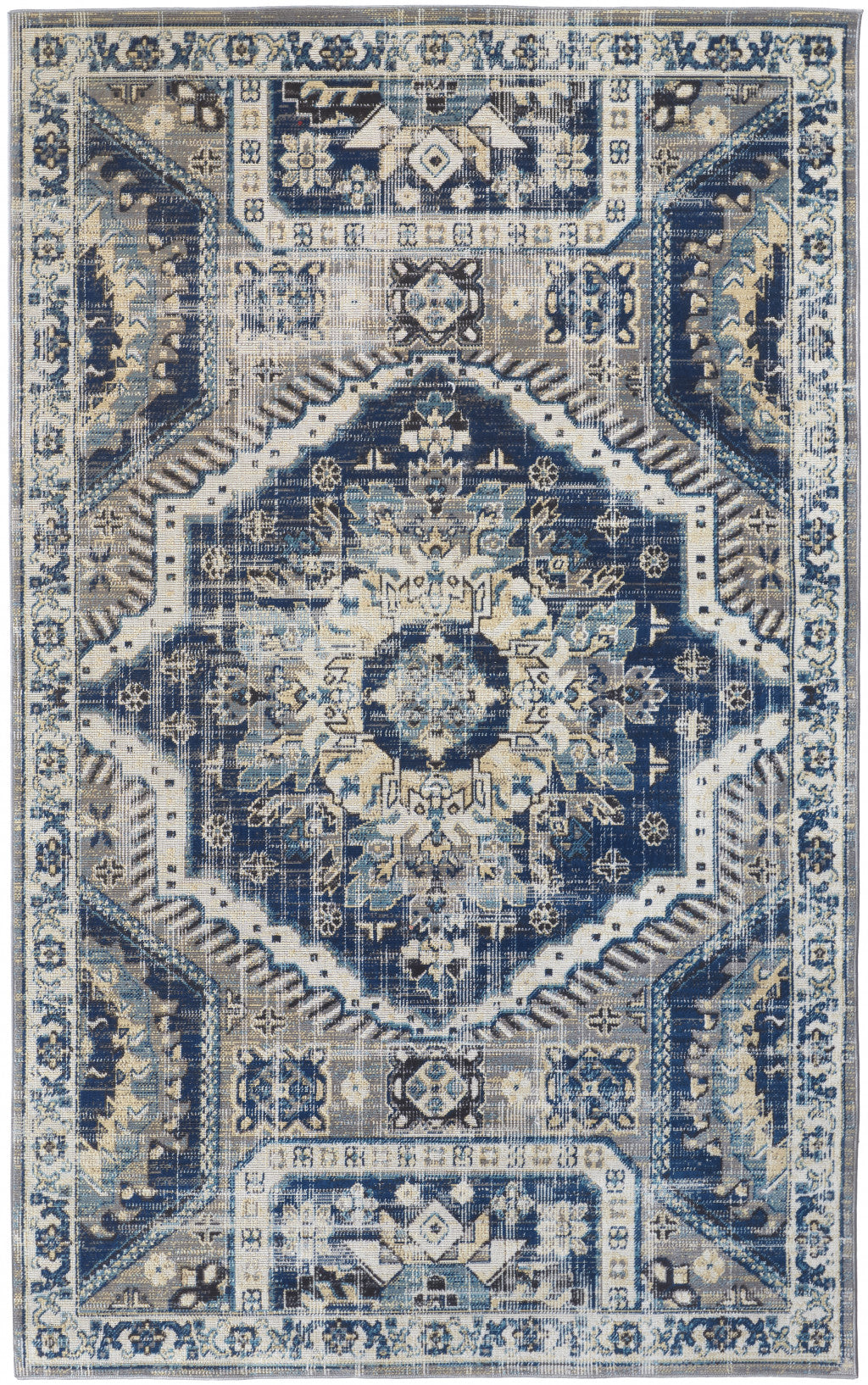 2' X 3' Blue And Ivory Abstract Power Loom Distressed Stain Resistant Area Rug