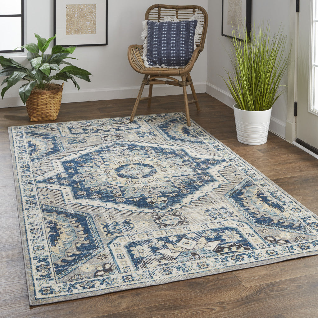 2' X 3' Blue And Ivory Abstract Power Loom Distressed Stain Resistant Area Rug