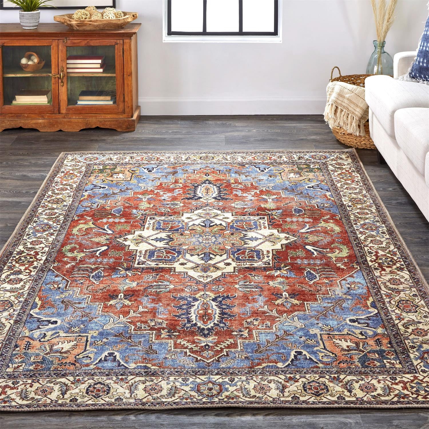 2' X 3' Blue Red And Ivory Floral Area Rug