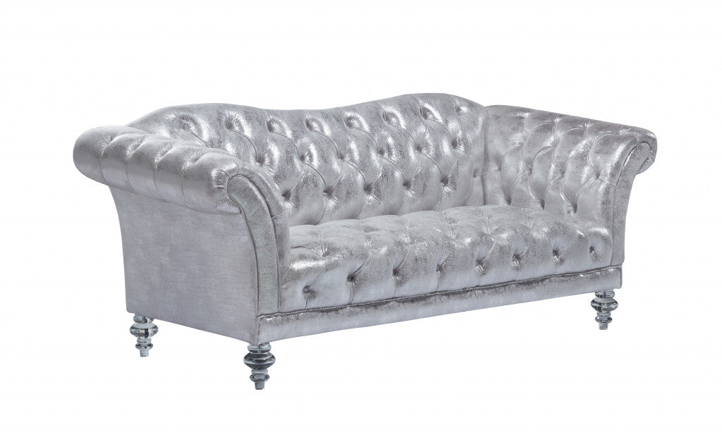 76" Metallic Silver And Silver Velvet Loveseat