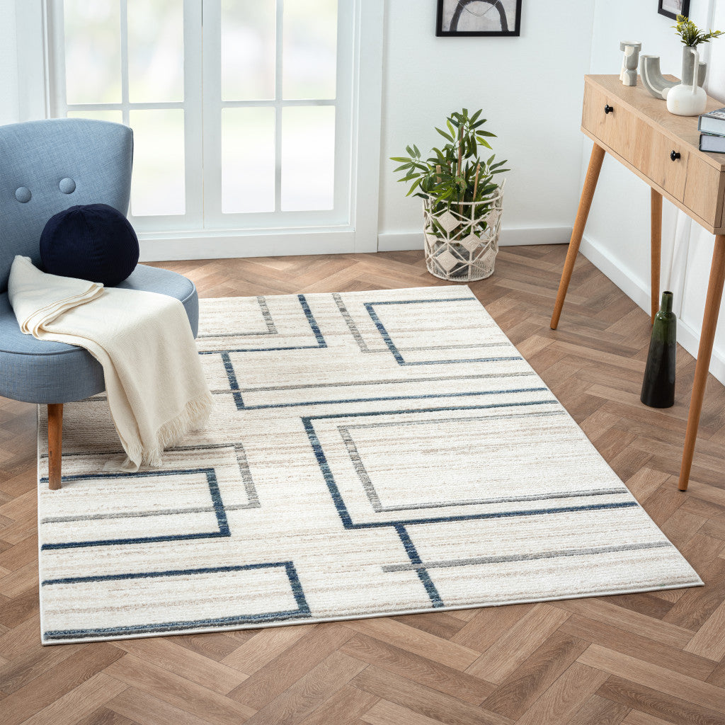 5' X 7' Ivory Blue and Gray Geometric Area Rug