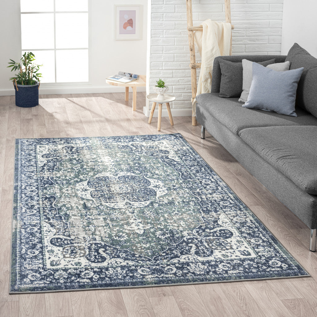 5' X 7' Blue Floral Stain Resistant Area Rug