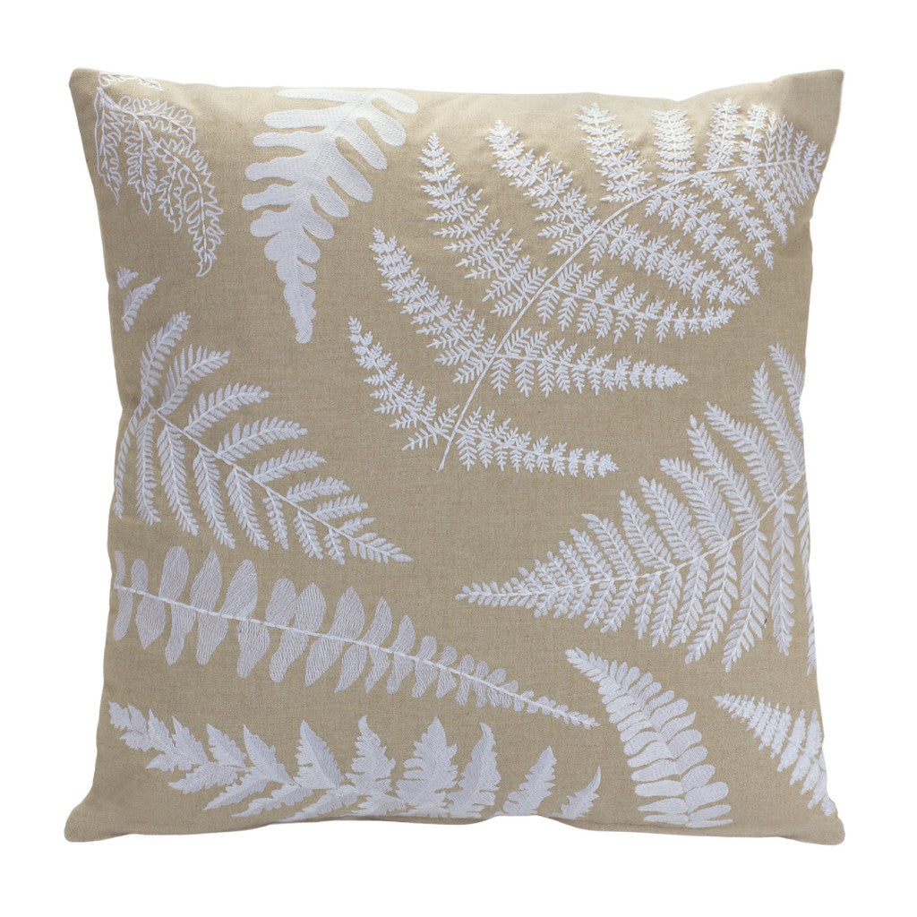 18" Tan and White Tropical Cotton Blend Throw Pillow