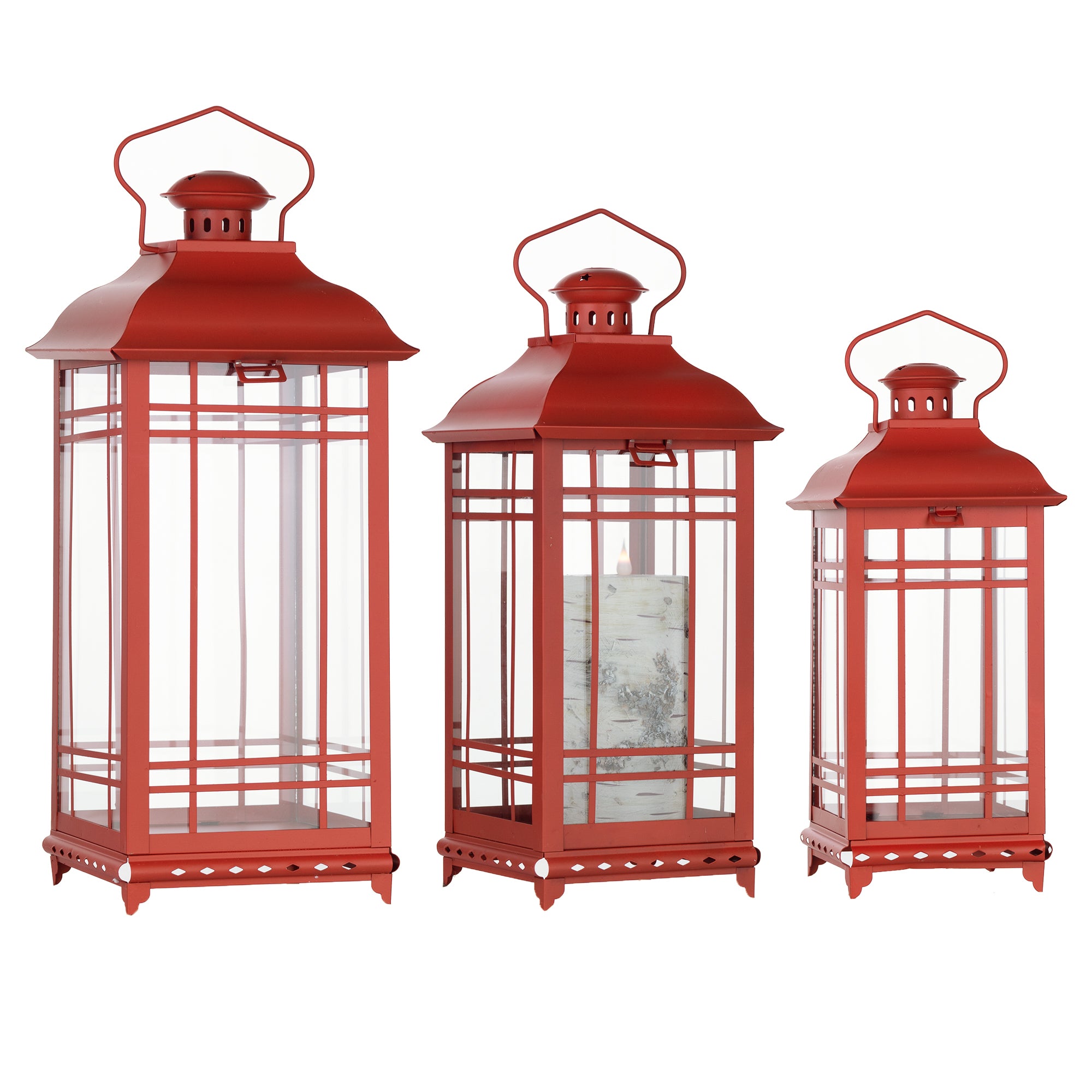 Set Of Three Red Flameless Floor Lantern Candle Holder